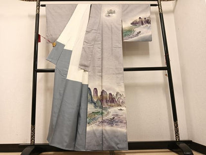 平和屋着物●訪問着　作家物　紬地　手描き　人物風景文　暈し染め　金銀彩　正絹　逸品　AABE0746ph