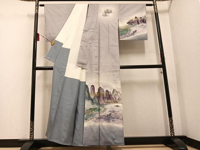 平和屋着物●訪問着　作家物　紬地　手描き　人物風景文　暈し染め　金銀彩　正絹　逸品　AABE0746ph
