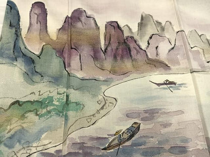 平和屋着物●訪問着　作家物　紬地　手描き　人物風景文　暈し染め　金銀彩　正絹　逸品　AABE0746ph