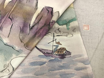 平和屋着物●訪問着　作家物　紬地　手描き　人物風景文　暈し染め　金銀彩　正絹　逸品　AABE0746ph