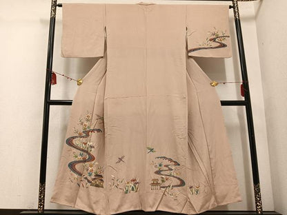 平和屋着物●訪問着　型染め　群れ鶴風景　流水草花　正絹　逸品　AABE0760ph