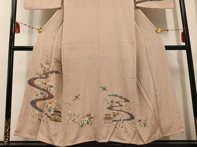 平和屋着物●訪問着　型染め　群れ鶴風景　流水草花　正絹　逸品　AABE0760ph