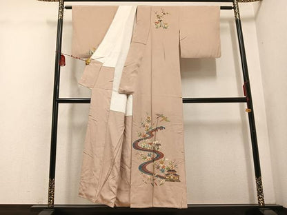 平和屋着物●訪問着　型染め　群れ鶴風景　流水草花　正絹　逸品　AABE0760ph