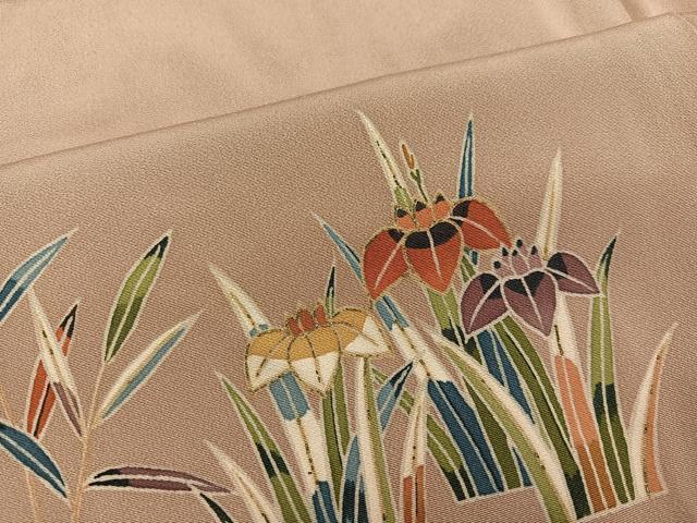 平和屋着物●訪問着　型染め　群れ鶴風景　流水草花　正絹　逸品　AABE0760ph