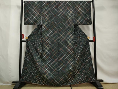 平和屋着物■小紋　幾何学文　黒地　洗える着物　AABE0812gw