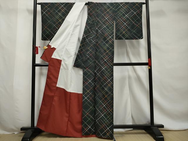 平和屋着物■小紋　幾何学文　黒地　洗える着物　AABE0812gw