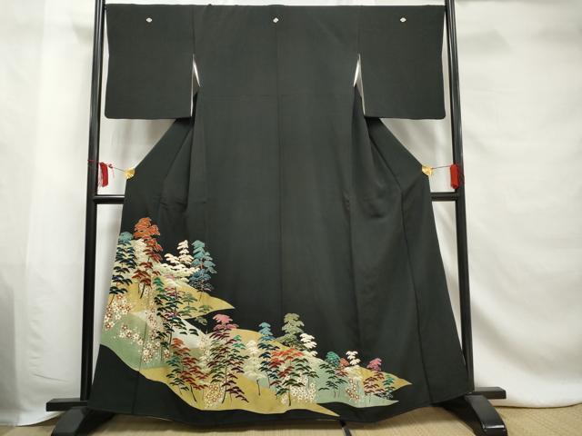 平和屋着物■豪華黒留袖 駒刺繍 枝松花文 金彩 正絹 逸品 AABE0828gw