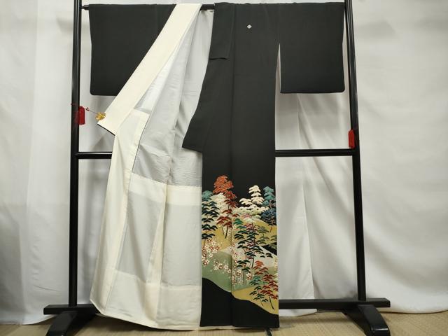 平和屋着物■豪華黒留袖 駒刺繍 枝松花文 金彩 正絹 逸品 AABE0828gw