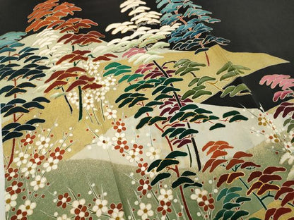 平和屋着物■豪華黒留袖 駒刺繍 枝松花文 金彩 正絹 逸品 AABE0828gw
