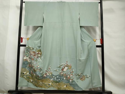 平和屋着物■色留訪問着　流水雪輪花文　鶴　金彩　正絹　逸品　AABE0846gw