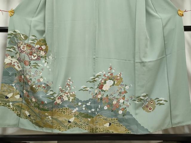 平和屋着物■色留訪問着　流水雪輪花文　鶴　金彩　正絹　逸品　AABE0846gw