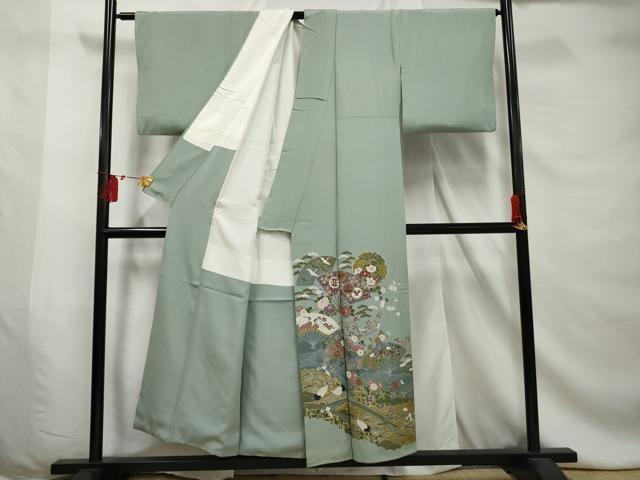 平和屋着物■色留訪問着　流水雪輪花文　鶴　金彩　正絹　逸品　AABE0846gw