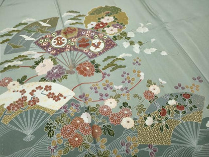 平和屋着物■色留訪問着　流水雪輪花文　鶴　金彩　正絹　逸品　AABE0846gw