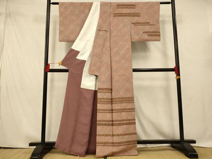 平和屋着物■訪問着　横段花草文　金彩　鬼しぼ縮緬　正絹　逸品　AABE1057fw