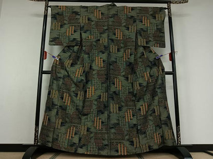 平和屋着物▽上質な紬　単衣　吉祥花文　正絹　逸品　AABE1161jh
