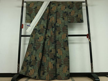 平和屋着物▽上質な紬　単衣　吉祥花文　正絹　逸品　AABE1161jh