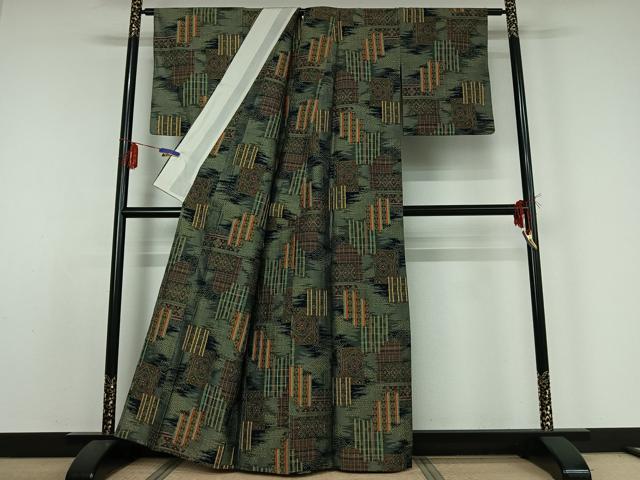 平和屋着物▽上質な紬　単衣　吉祥花文　正絹　逸品　AABE1161jh