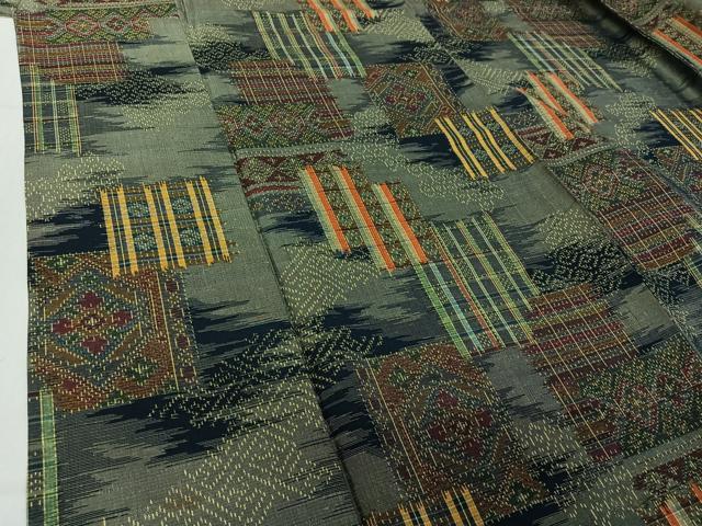 平和屋着物▽上質な紬　単衣　吉祥花文　正絹　逸品　AABE1161jh