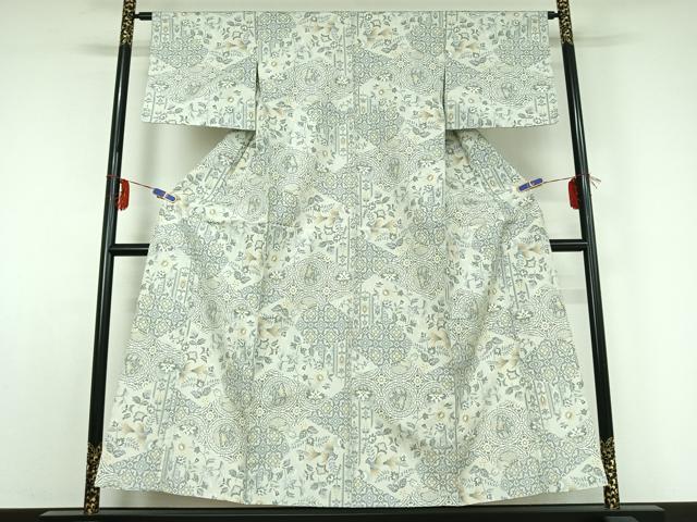平和屋着物▽上質な紬　単衣　花鳥文　正絹　逸品　AABE1162jh 平和屋着物▽上質な紬 単衣 花鳥文 正絹 逸品 AABE1162jh
