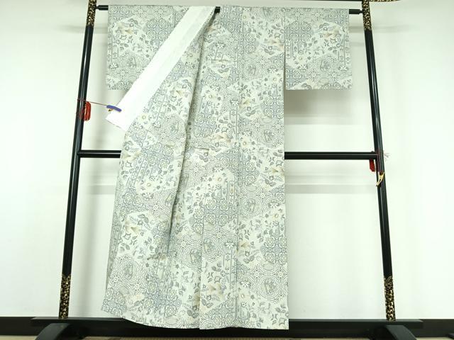 平和屋着物▽上質な紬 単衣 花鳥文 正絹 逸品 AABE1162jh