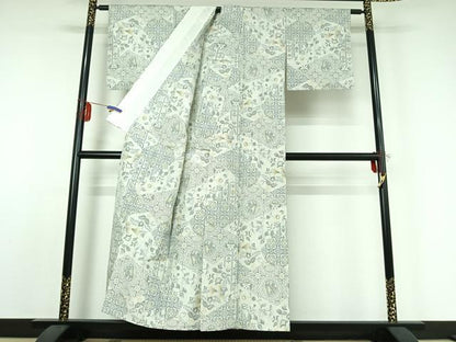 平和屋着物▽上質な紬 単衣 花鳥文 正絹 逸品 AABE1162jh