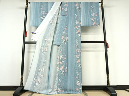 平和屋着物▽上質な小紋 単衣 草花文 暈し染め 正絹 逸品 AABE1165jh