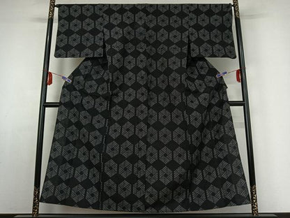 平和屋着物▽上質な紬　単衣　亀甲文様　正絹　逸品　AABE1169jh