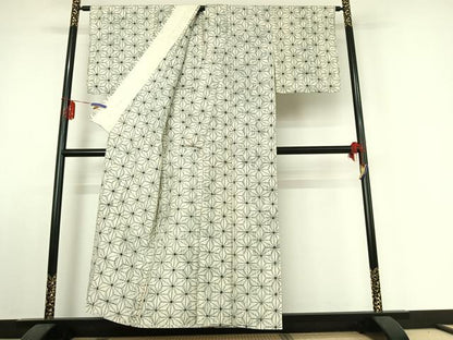 平和屋着物▽上質な紬 単衣 麻の葉文様 正絹 逸品 AABE1173jh