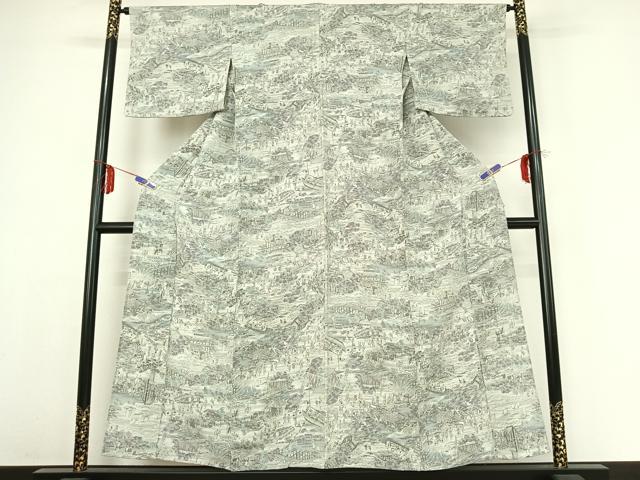 平和屋着物▽上質な小紋 単衣 手描き 人物風景文 金彩 鬼しぼ縮緬 正絹 逸品 AABE1174jh