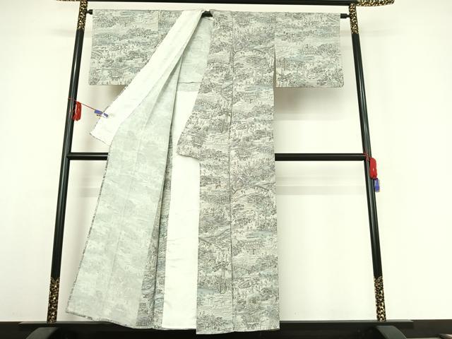 平和屋着物▽上質な小紋 単衣 手描き 人物風景文 金彩 鬼しぼ縮緬 正絹 逸品 AABE1174jh