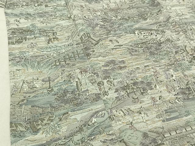 平和屋着物▽上質な小紋 単衣 手描き 人物風景文 金彩 鬼しぼ縮緬 正絹 逸品 AABE1174jh