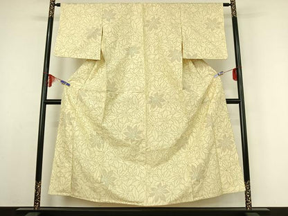 平和屋着物▽上質な紬　単衣　草葉文　正絹　逸品　AABE1178jh