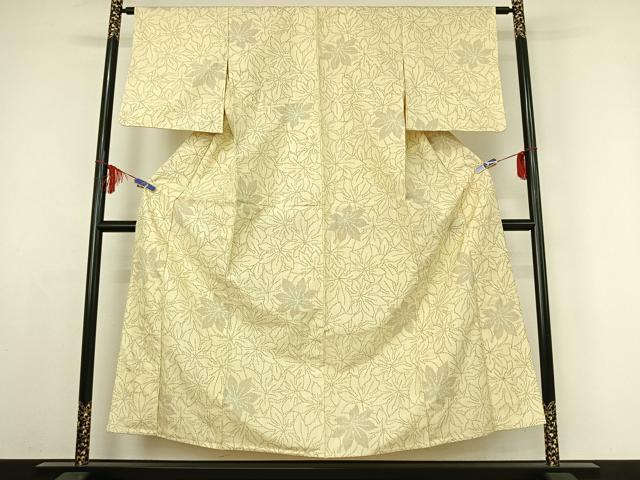 平和屋着物▽上質な紬　単衣　草葉文　正絹　逸品　AABE1178jh