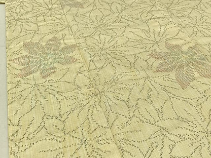 平和屋着物▽上質な紬　単衣　草葉文　正絹　逸品　AABE1178jh