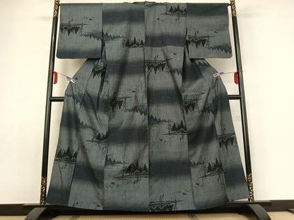 平和屋着物▽上質な紬 単衣 風景文 正絹 逸品 AABE1179jh
