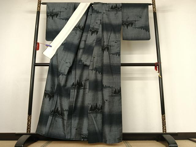 平和屋着物▽上質な紬 単衣 風景文 正絹 逸品 AABE1179jh
