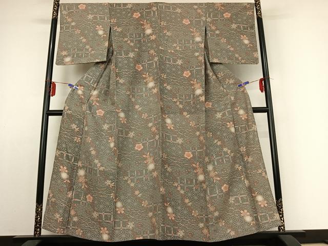平和屋着物▽上質な小紋　単衣　吉祥花文　正絹　逸品　AABE1180jh