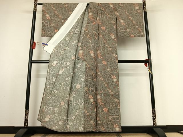 平和屋着物▽上質な小紋　単衣　吉祥花文　正絹　逸品　AABE1180jh