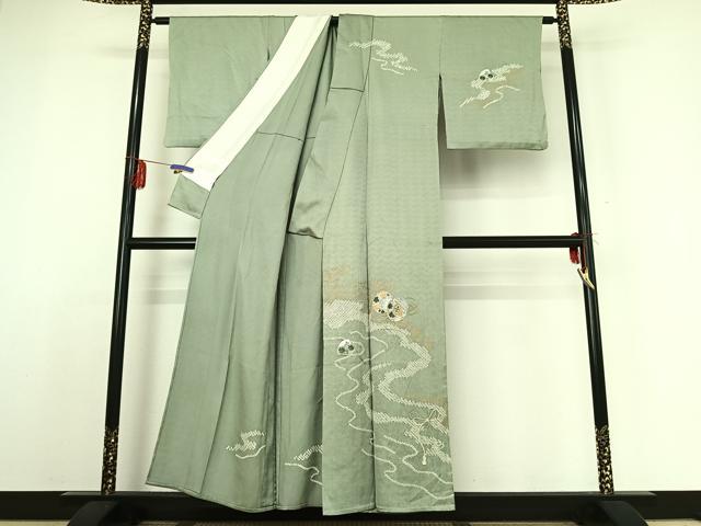 平和屋着物▽訪問着　単衣　絞り　刺繍　流水花鼓文　金彩　正絹　逸品　AABE1182jh