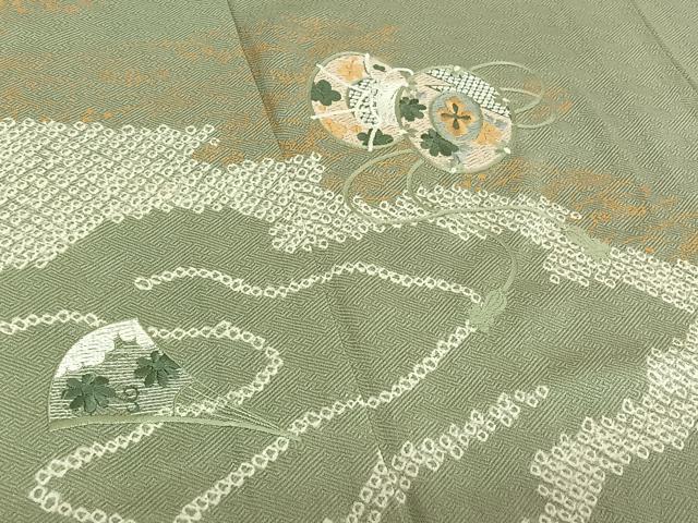 平和屋着物▽訪問着　単衣　絞り　刺繍　流水花鼓文　金彩　正絹　逸品　AABE1182jh