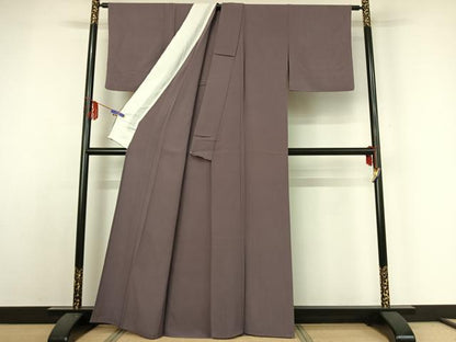 平和屋着物▽上質な色無地 単衣 葡萄鼠色 鬼しぼ縮緬 正絹 逸品 AABE1192jh