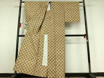 平和屋着物▽上質な紬 単衣 幾何学文様 正絹 逸品 AABE1197jh