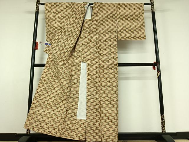 平和屋着物▽上質な紬 単衣 幾何学文様 正絹 逸品 AABE1197jh