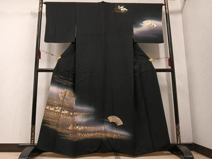 平和屋着物●訪問着 地紙花文 暈し染め 黒地 金彩 正絹 逸品 AABE1206ph