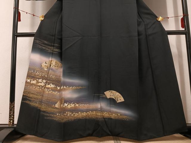 平和屋着物●訪問着 地紙花文 暈し染め 黒地 金彩 正絹 逸品 AABE1206ph