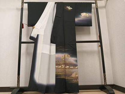 平和屋着物●訪問着 地紙花文 暈し染め 黒地 金彩 正絹 逸品 AABE1206ph