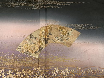 平和屋着物●訪問着 地紙花文 暈し染め 黒地 金彩 正絹 逸品 AABE1206ph