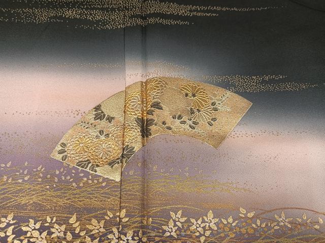 平和屋着物●訪問着 地紙花文 暈し染め 黒地 金彩 正絹 逸品 AABE1206ph