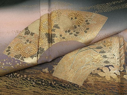 平和屋着物●訪問着 地紙花文 暈し染め 黒地 金彩 正絹 逸品 AABE1206ph