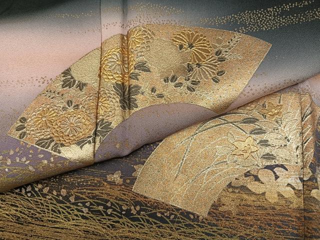 平和屋着物●訪問着 地紙花文 暈し染め 黒地 金彩 正絹 逸品 AABE1206ph
